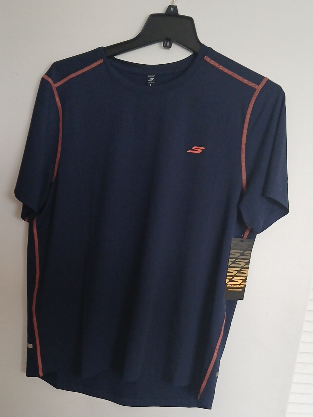 Skechers Men’s Navy Short Sleeve Performance Tee with Coral Trim